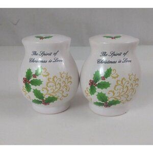 Vintage Atico The Spirit Of Christmas Is Love Holly Design Salt & Pepper Shakers